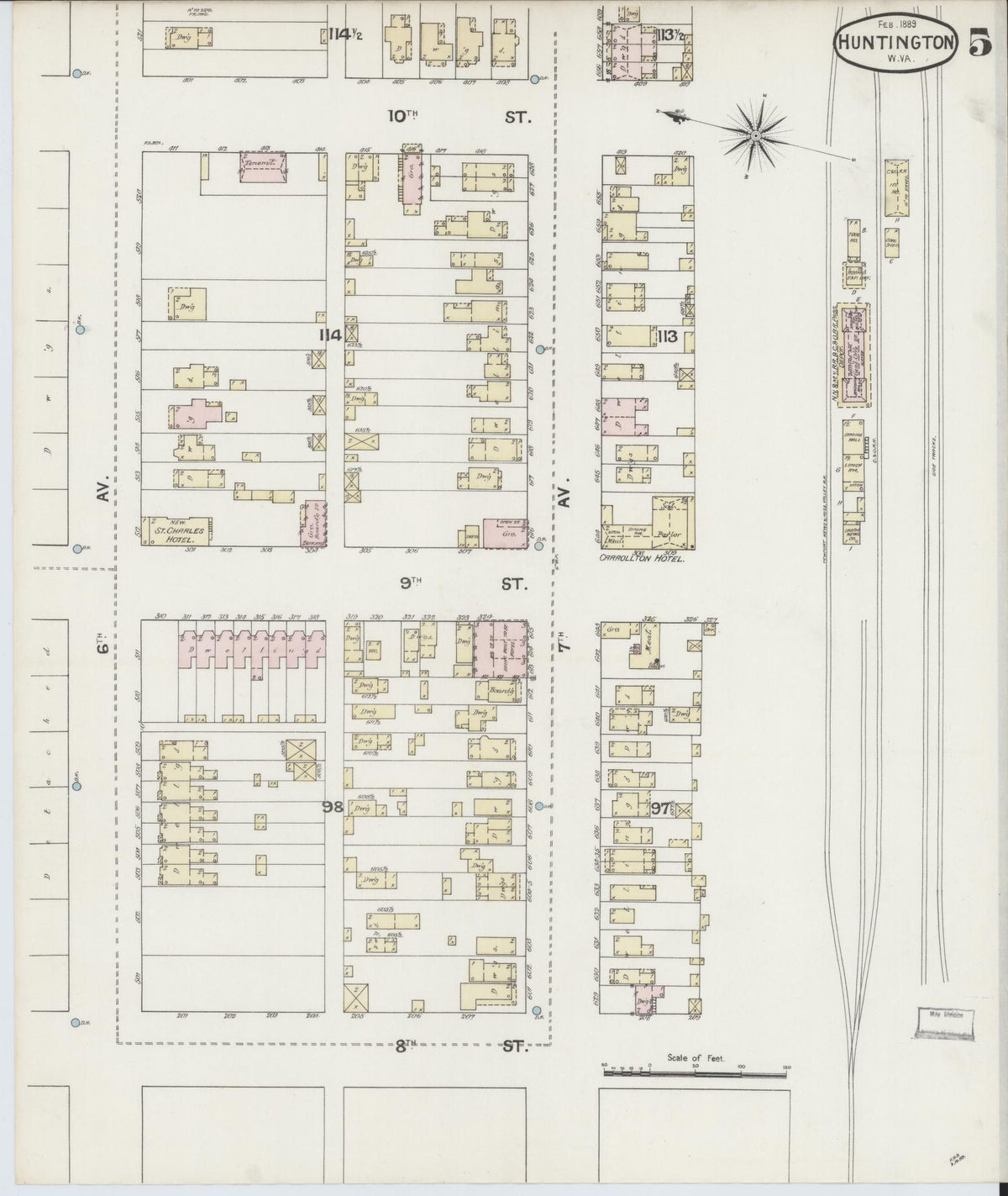 Sanborn Fire Insurance Map from Huntington, Cabell County, West Virginia (1889), Sheet #0005 - Historic Sanborn Fire Insurance Map Print, vintage old map wall art, antique decor, genealogy gift, West Virginia West Virginia map