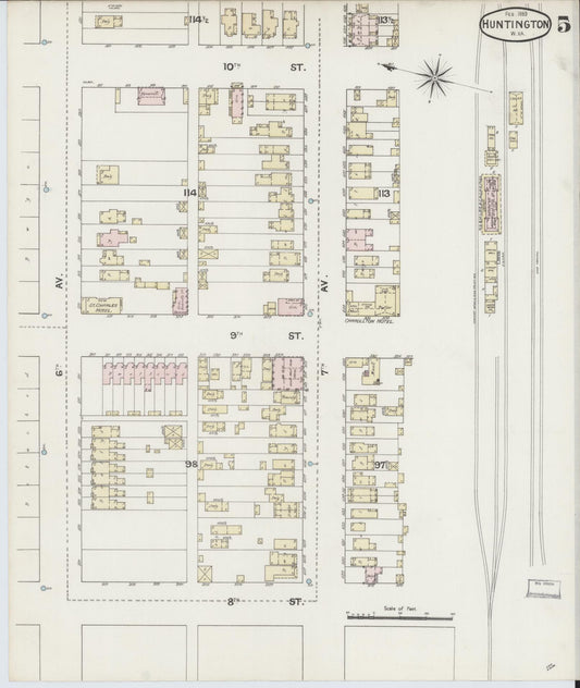 Sanborn Fire Insurance Map from Huntington, Cabell County, West Virginia (1889), Sheet #0005 - Historic Sanborn Fire Insurance Map Print, vintage old map wall art, antique decor, genealogy gift, West Virginia West Virginia map