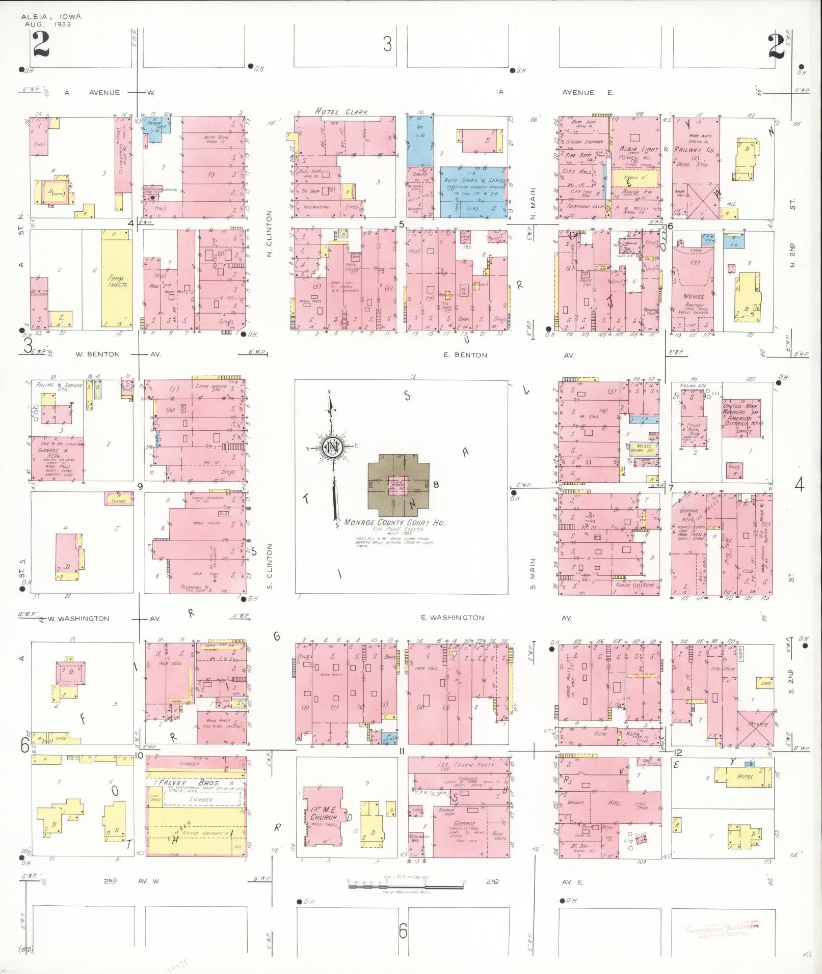 Sanborn Fire Insurance Map from Albia, Monroe County, Iowa (1933), Sheet #0002 - Historic Sanborn Fire Insurance Map Print, vintage old map wall art
