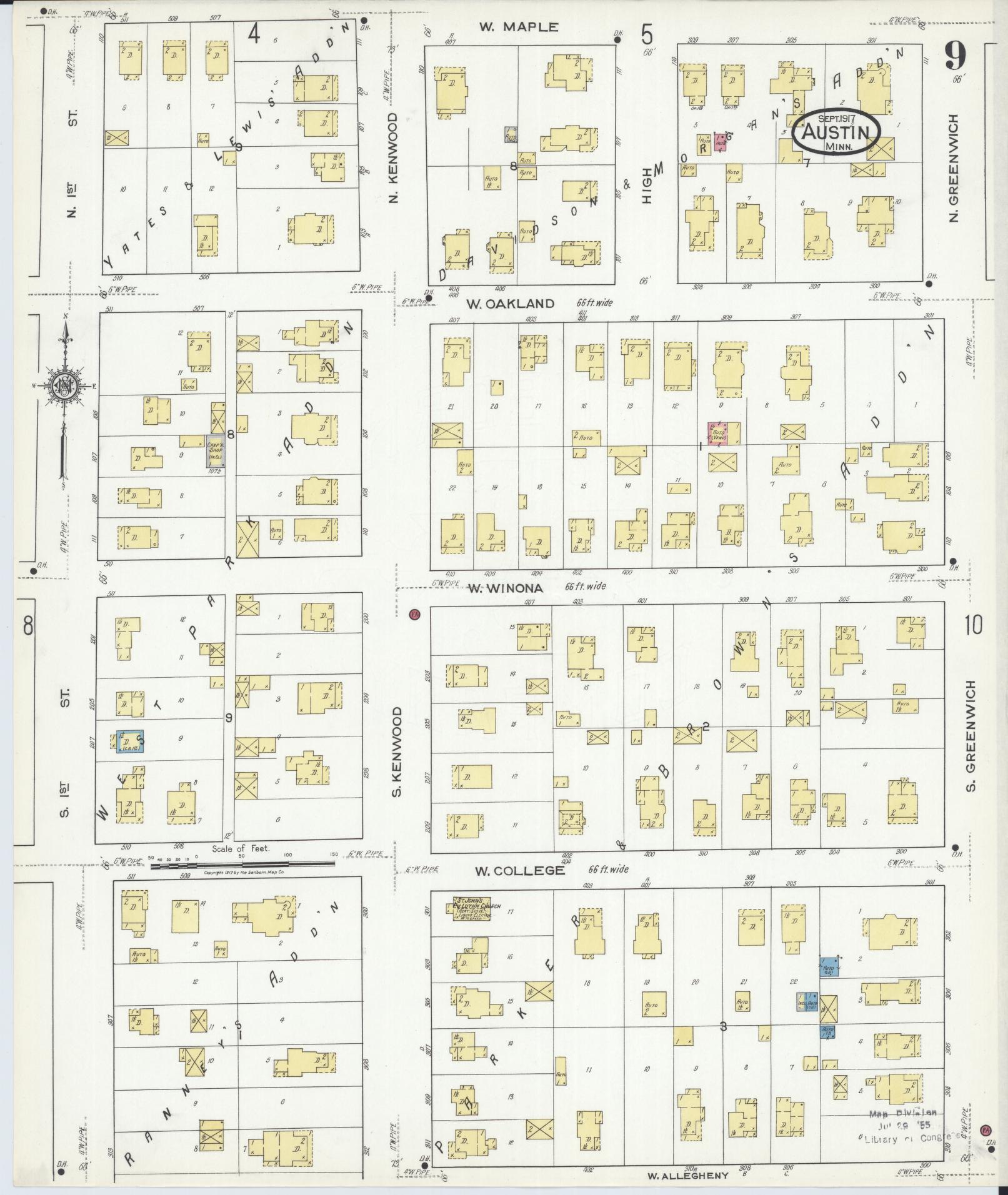 Sanborn Fire Insurance Map from Austin, Mower County, Minnesota (1917), Sheet #0009 - Historic Sanborn Fire Insurance Map Print, vintage old map wall art, antique decor, genealogy gift, Minnesota Minnesota map