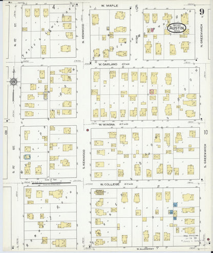 Sanborn Fire Insurance Map from Austin, Mower County, Minnesota (1917), Sheet #0009 - Historic Sanborn Fire Insurance Map Print, vintage old map wall art, antique decor, genealogy gift, Minnesota Minnesota map