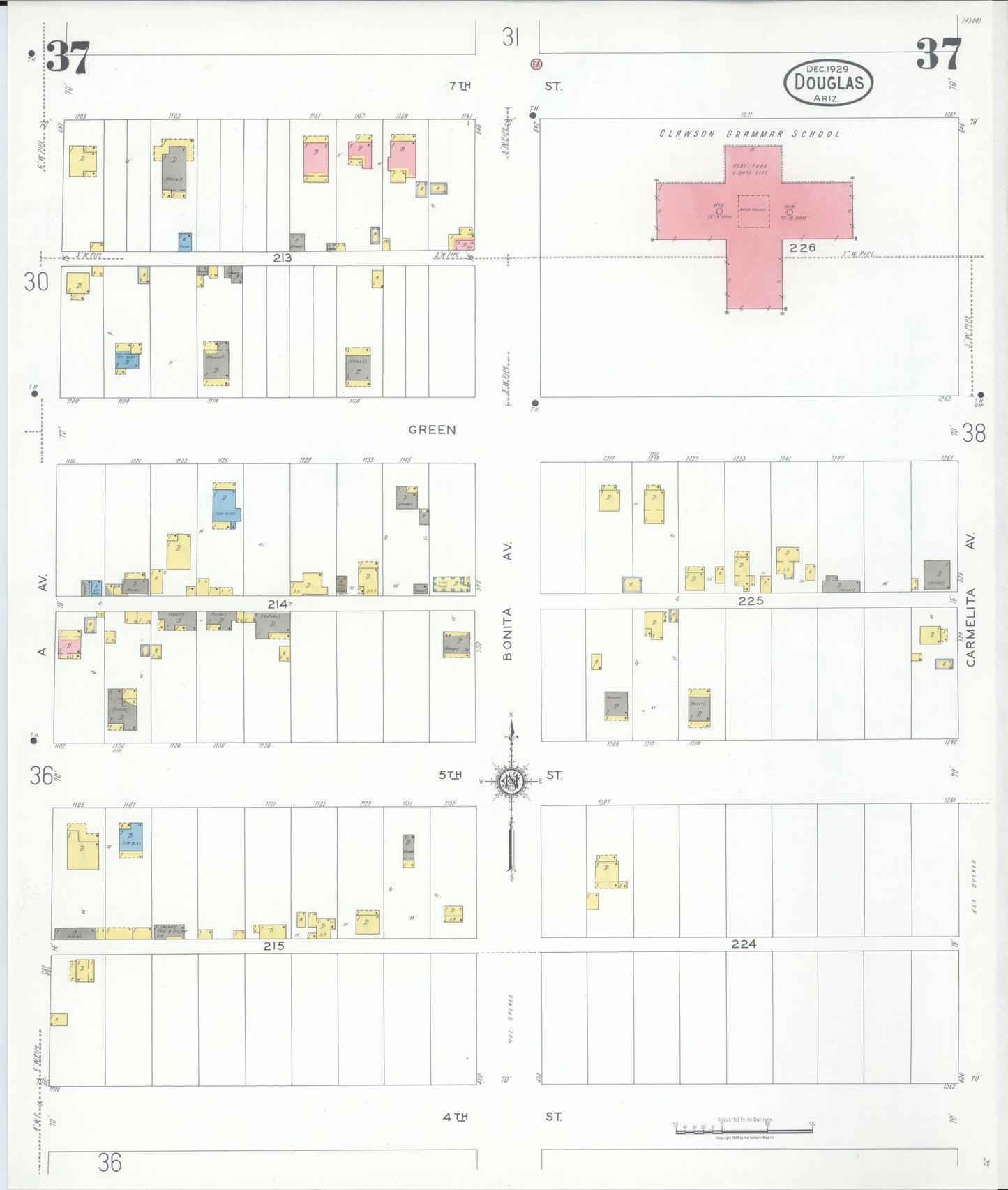 Sanborn Fire Insurance Map from Douglas, Cochise County, Arizona (1929), Sheet #0037 - Historic Sanborn Fire Insurance Map Print, vintage old map wall art, antique decor, genealogy gift, Arizona Arizona map