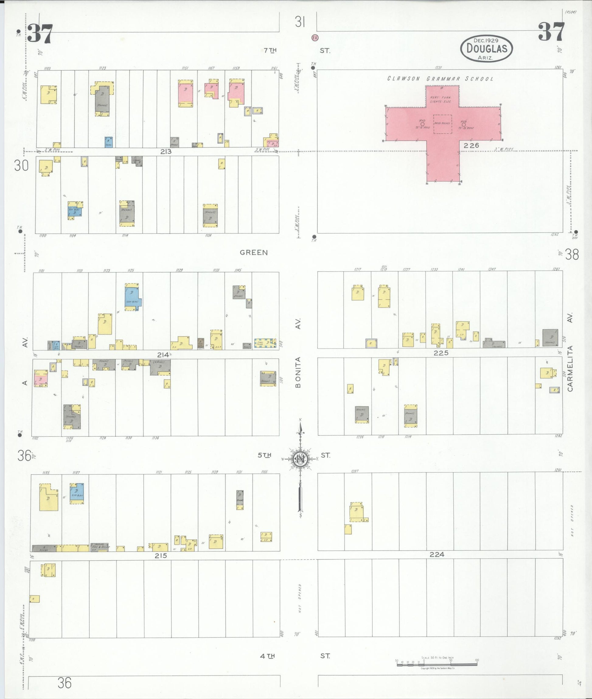 Sanborn Fire Insurance Map from Douglas, Cochise County, Arizona (1929), Sheet #0037 - Historic Sanborn Fire Insurance Map Print, vintage old map wall art, antique decor, genealogy gift, Arizona Arizona map