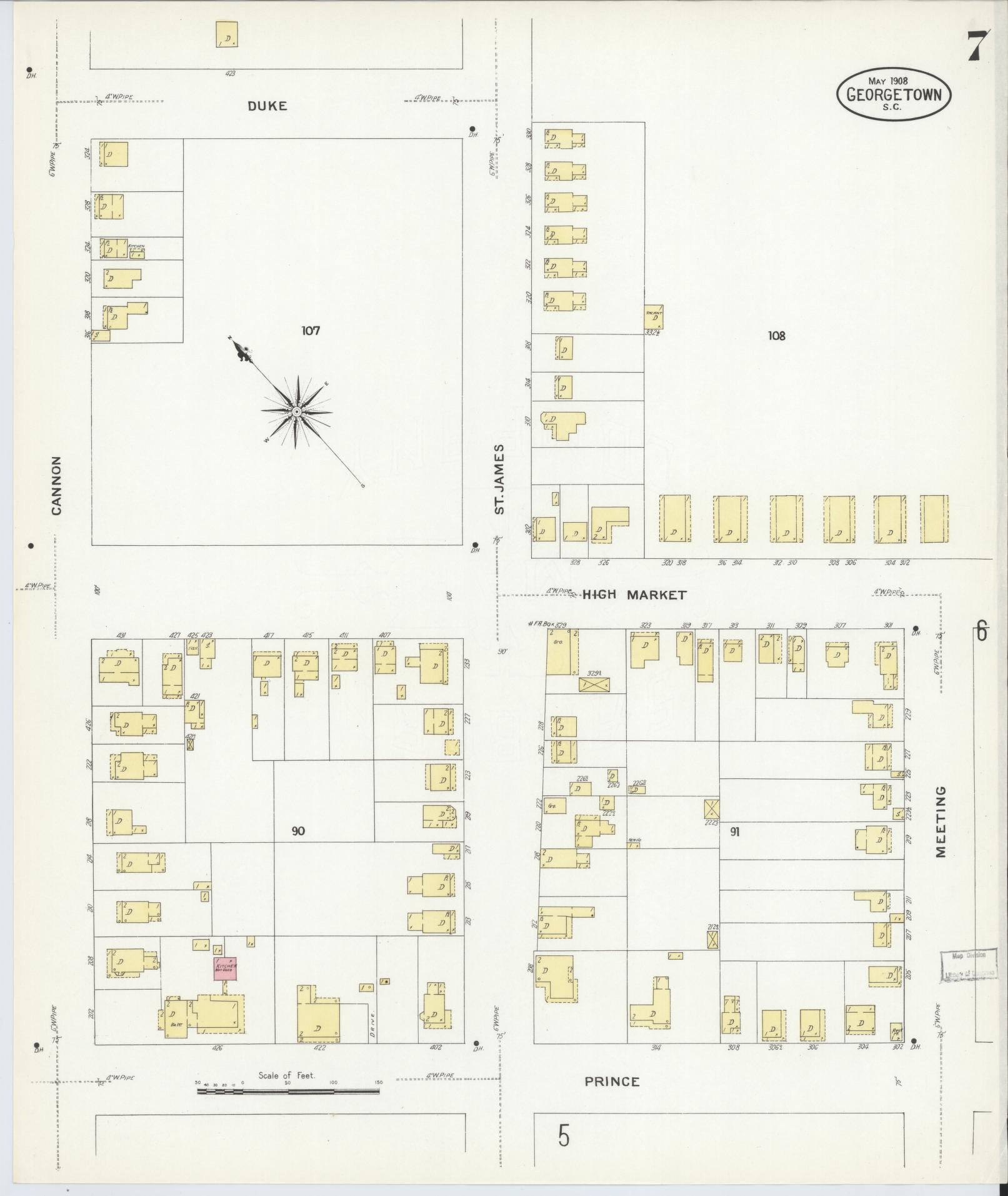 Sanborn Fire Insurance Map from Georgetown, Georgetown County, South Carolina (1908), Sheet #0007 - Complete Map Set gallery image, historic Sanborn map, vintage wall art, South Carolina South Carolina