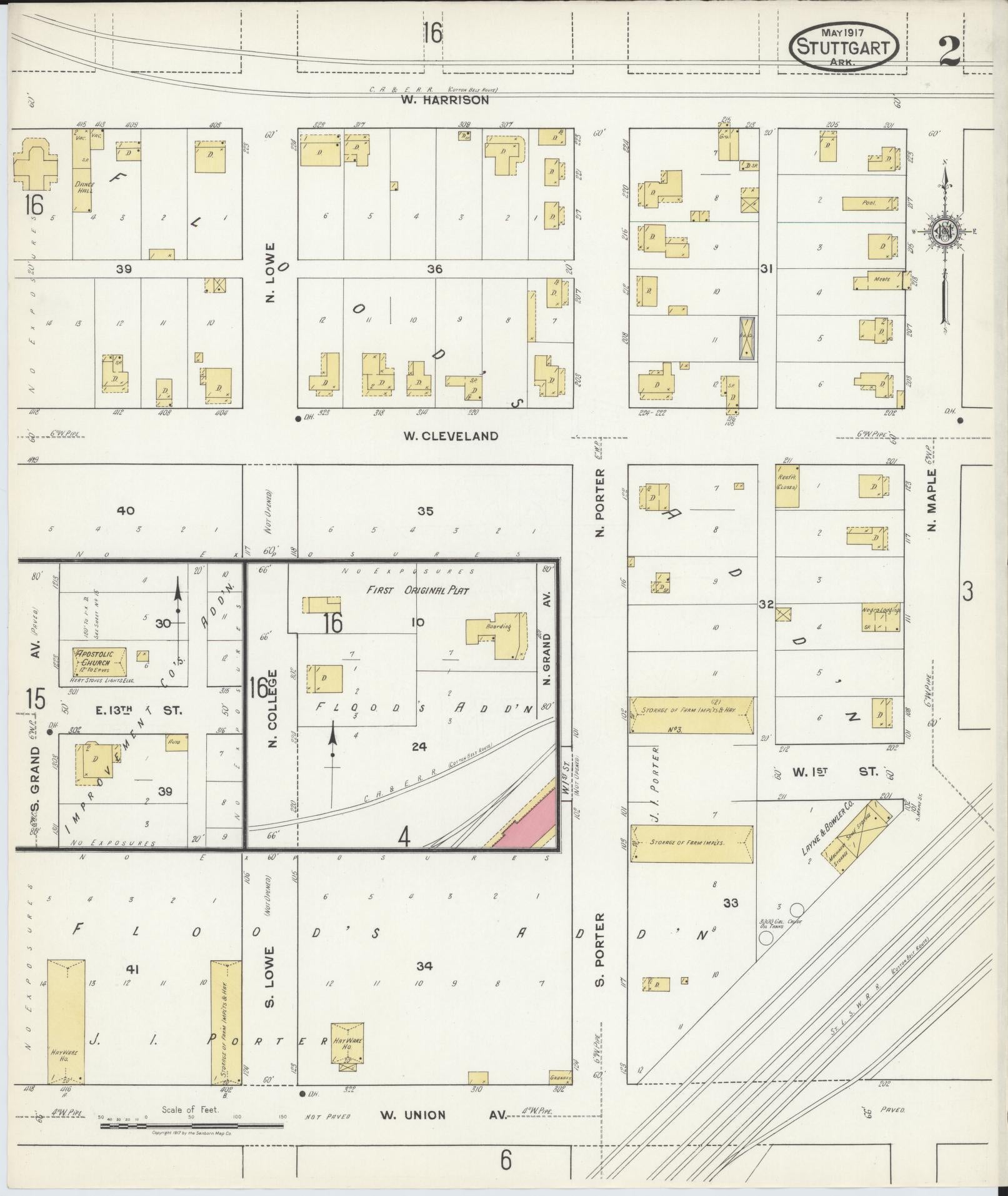 Sanborn Fire Insurance Map from Stuttgart, Arkansas County, Arkansas (1917), Sheet #0002 - Historic Sanborn Fire Insurance Map Print, vintage old map wall art, antique decor, genealogy gift, Stuttgart Arkansas map