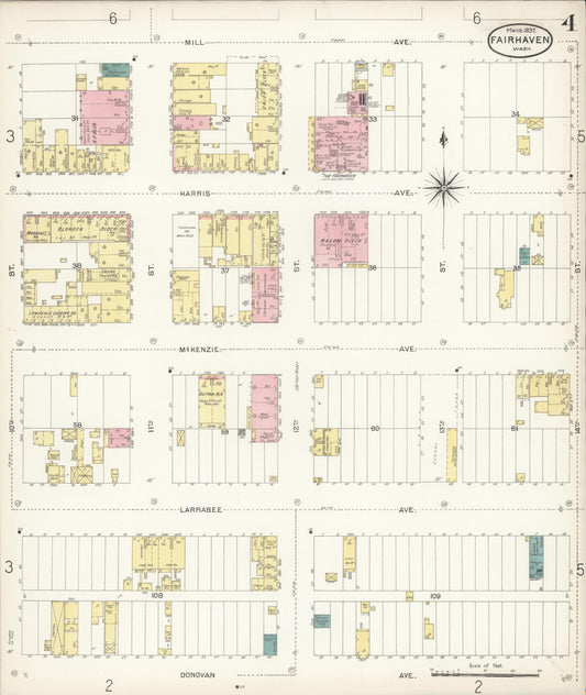 Sanborn Fire Insurance Map from Fairhaven [see also Bellingham and Sehome], Whatcom County, Washington (1897), Sheet #0004 - Historic Sanborn Fire Insurance Map Print, vintage old map wall art, antique decor, genealogy gift, Washington Washington map