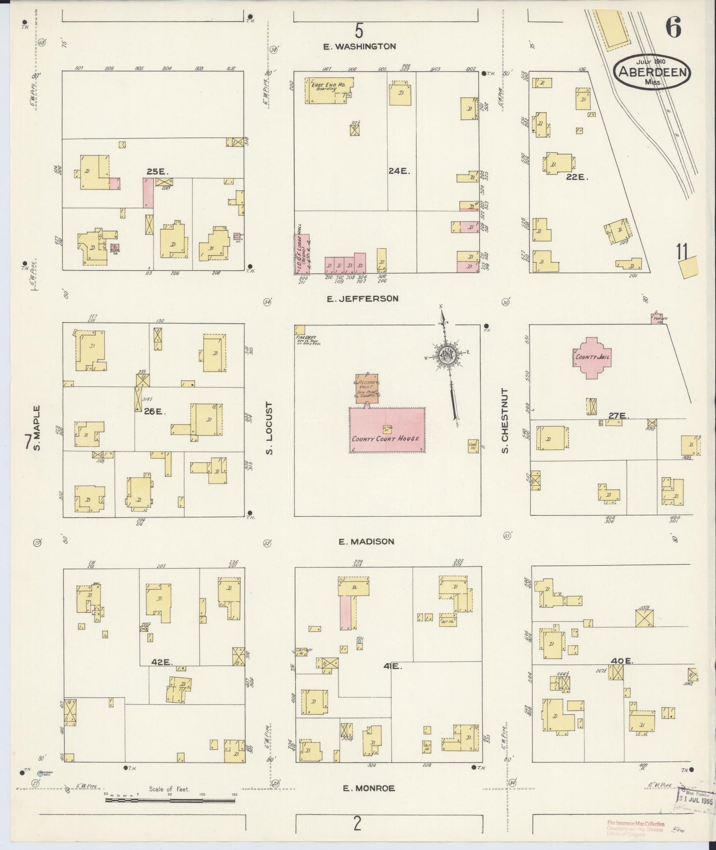 Sanborn Fire Insurance Map from Aberdeen, Monroe County, Mississippi (1910), Sheet #0006 - Historic Sanborn Fire Insurance Map Print, vintage old map wall art, antique decor, genealogy gift, Mississippi Mississippi map