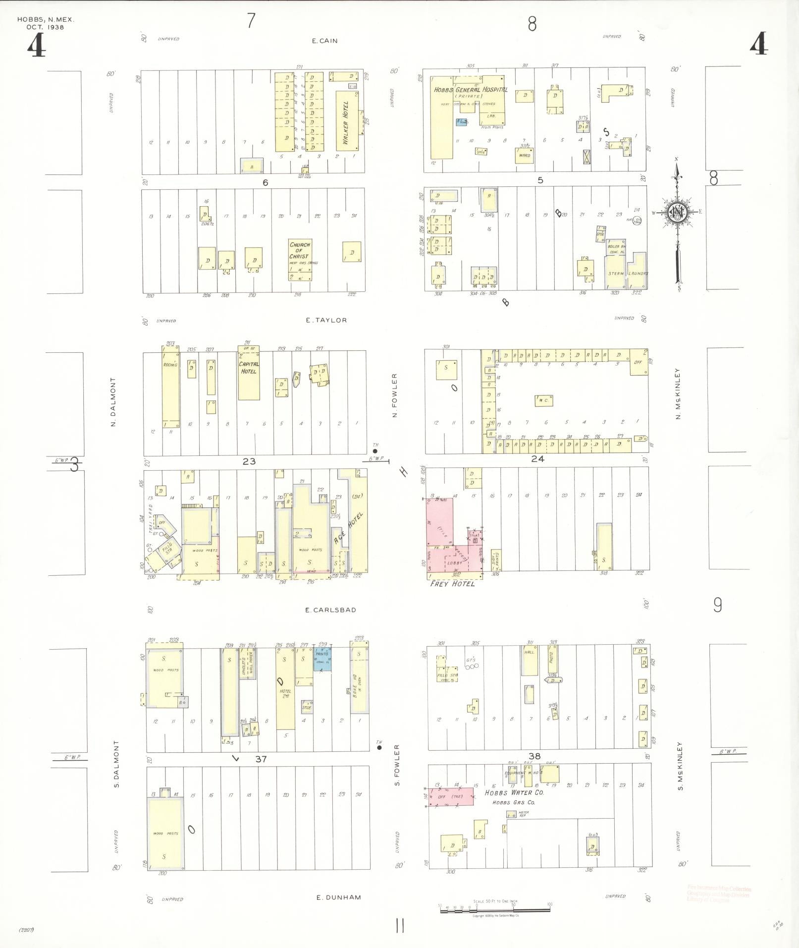 Sanborn Fire Insurance Map from Hobbs, Lea County, New Mexico (1938), Sheet #0004 - Historic Sanborn Fire Insurance Map Print, vintage old map wall art, antique decor, genealogy gift, New Mexico New Mexico map