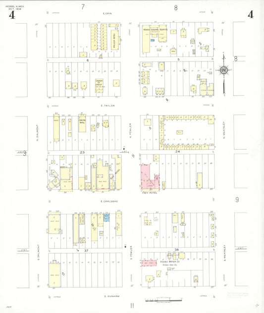 Sanborn Fire Insurance Map from Hobbs, Lea County, New Mexico (1938), Sheet #0004 - Historic Sanborn Fire Insurance Map Print, vintage old map wall art, antique decor, genealogy gift, New Mexico New Mexico map