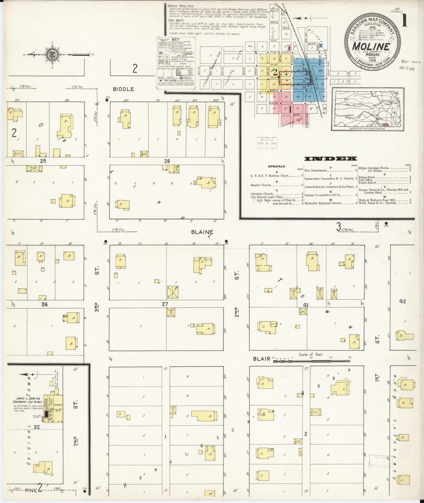 Sanborn Fire Insurance Map from Moline, Elk County, Kansas (1915), Sheet #0001 - Complete Map Set gallery image, historic Sanborn map, vintage wall art, Kansas Kansas
