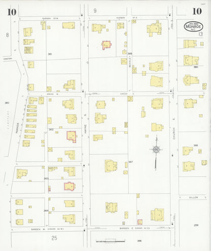Sanborn Fire Insurance Map from Monroe, Union County, North Carolina (1930), Sheet #0010 - Historic Sanborn Fire Insurance Map Print, vintage old map wall art, antique decor, genealogy gift, North Carolina North Carolina map
