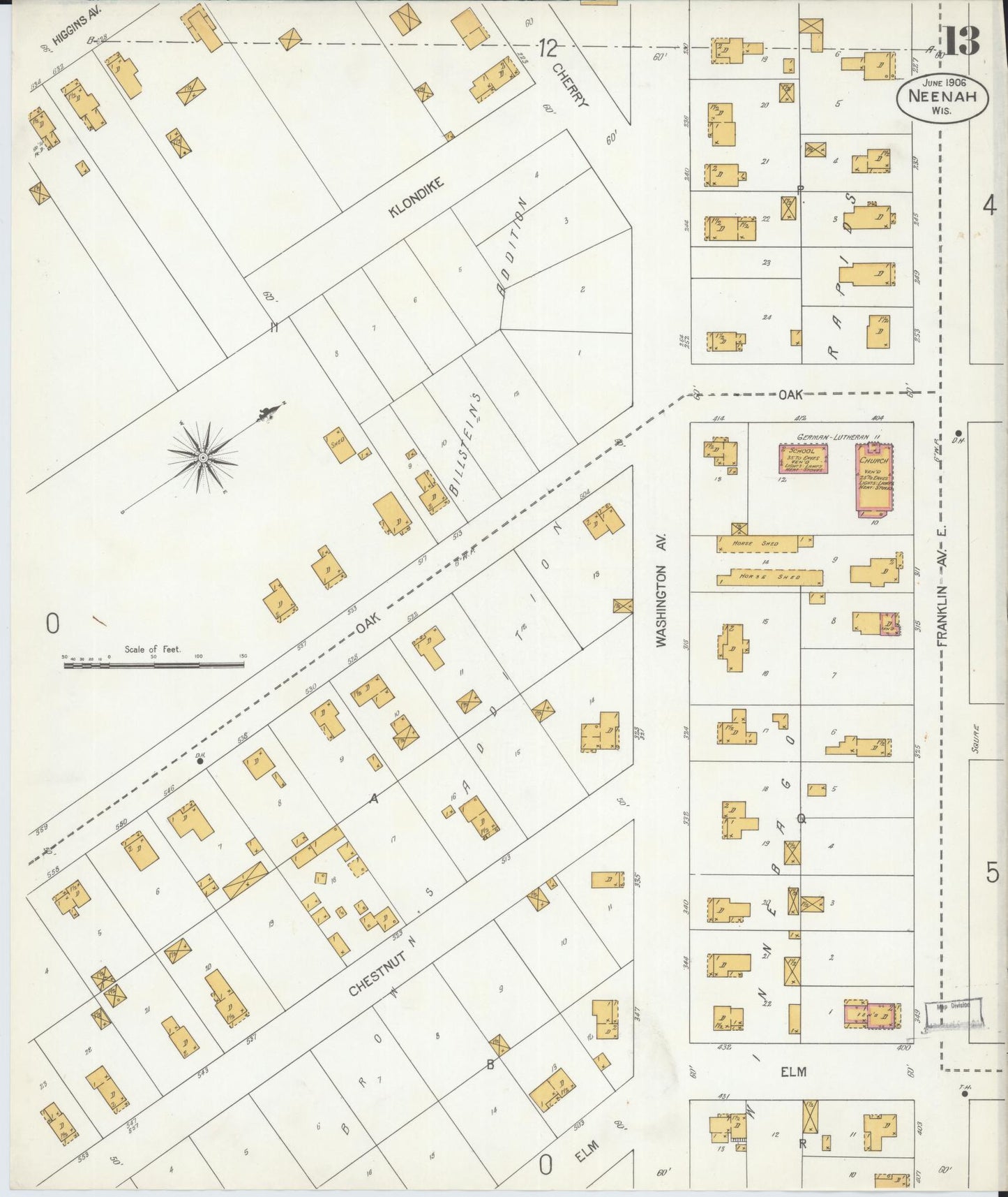 Sanborn Fire Insurance Map from Neenah, Winnebago County, Wisconsin (1906), Sheet #0013 - Historic Sanborn Fire Insurance Map Print, vintage old map wall art, antique decor, genealogy gift, Wisconsin Wisconsin map