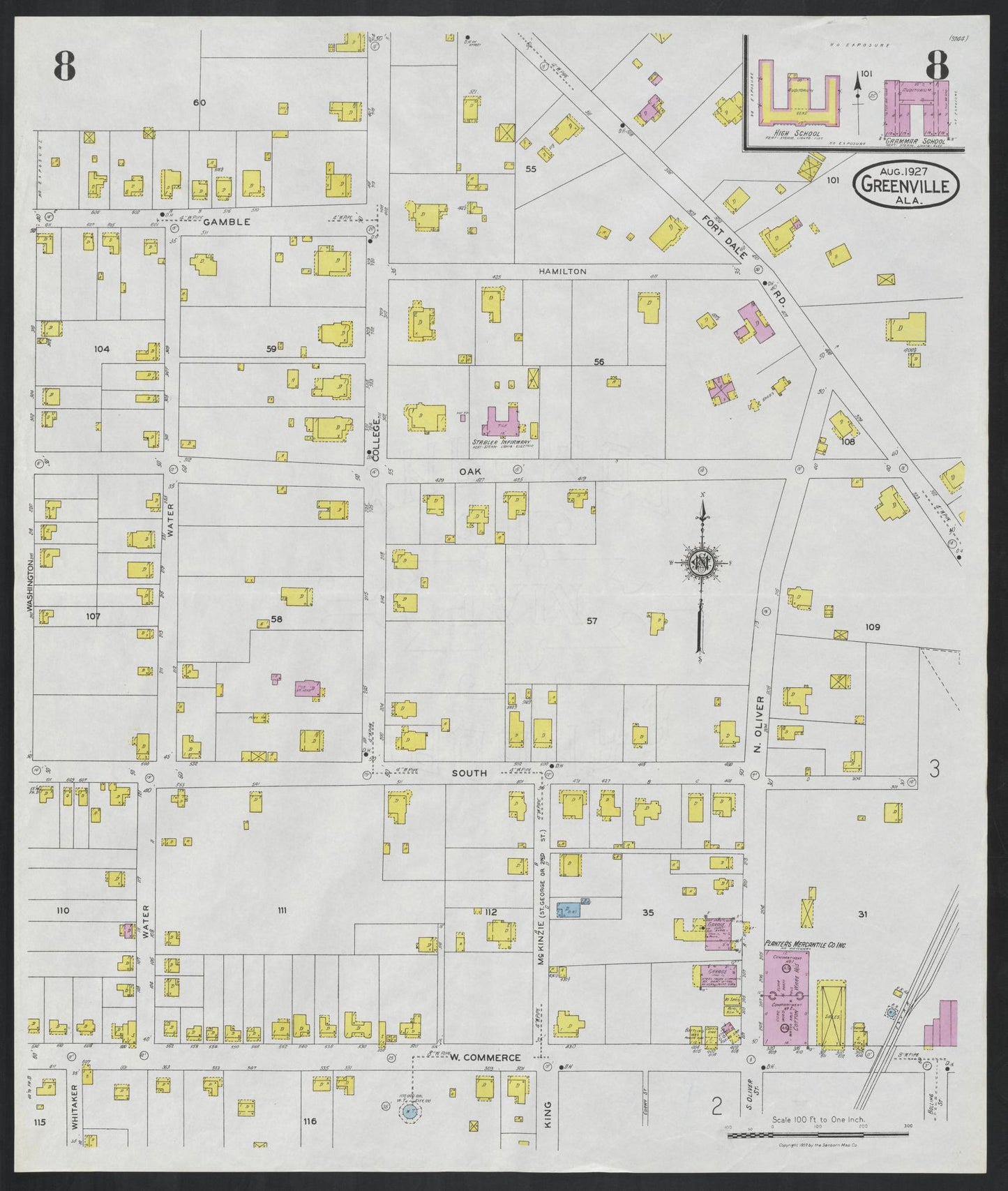 Sanborn Fire Insurance Map from Greenville, Butler County, Alabama (1927), Sheet #0008 - Complete Map Set gallery image, historic Sanborn map, vintage wall art, Alabama Alabama