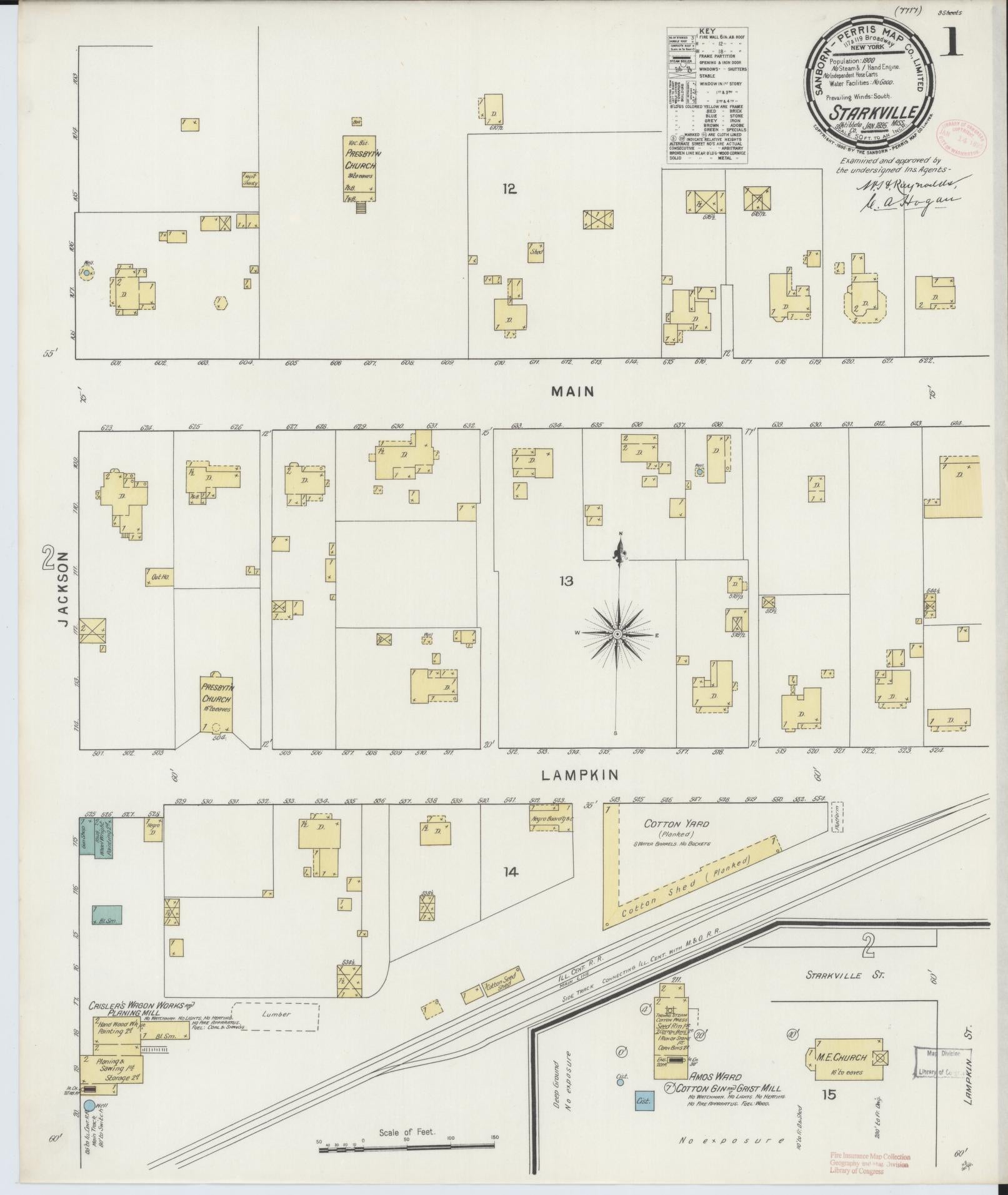 Sanborn Fire Insurance Map from Starkville, Oktibbeha County, Mississippi (1895), Sheet #0001 - Historic Sanborn Fire Insurance Map Print, vintage old map wall art, antique decor, genealogy gift, Mississippi Mississippi map