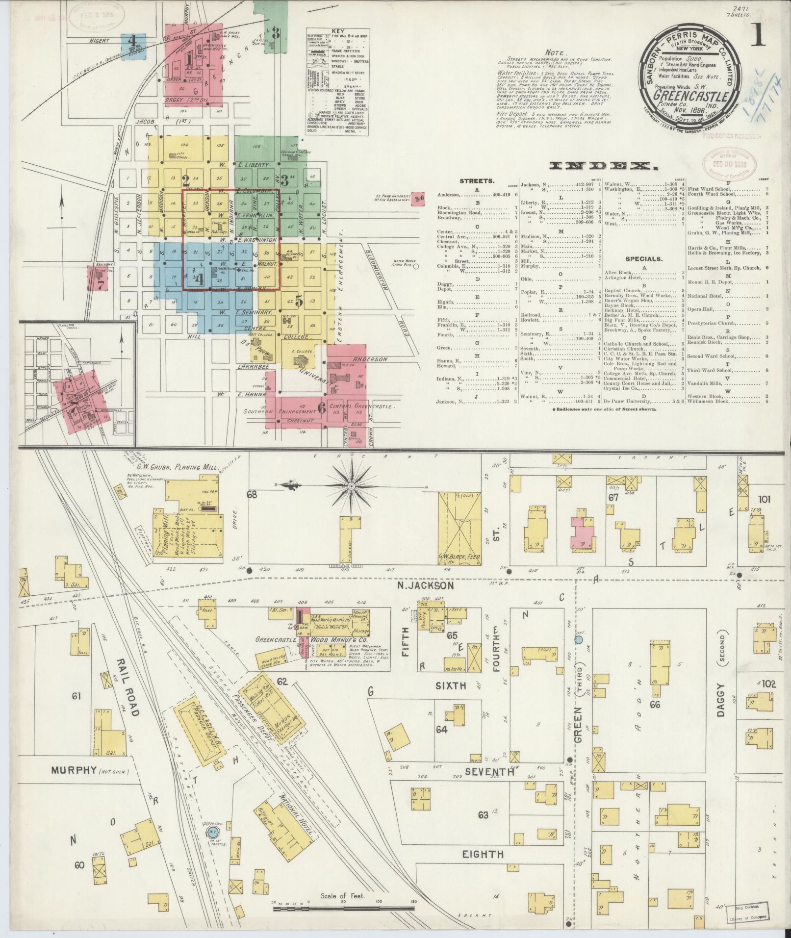 Sanborn Fire Insurance Map from Greencastle, Putnam County, Indiana (1898), Sheet #0001 - Historic Sanborn Fire Insurance Map Print, vintage old map wall art, antique decor, genealogy gift, Indiana Indiana map