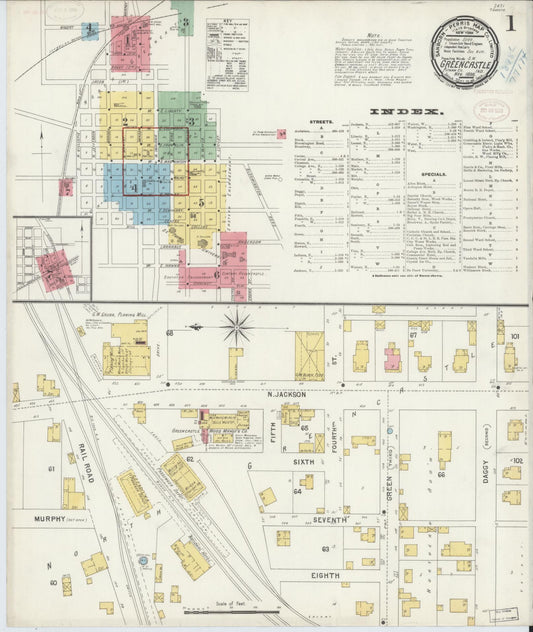 Sanborn Fire Insurance Map from Greencastle, Putnam County, Indiana (1898), Sheet #0001 - Historic Sanborn Fire Insurance Map Print, vintage old map wall art, antique decor, genealogy gift, Indiana Indiana map