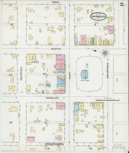 Sanborn Fire Insurance Map from San Marcos, Hays County, Texas (1891), Sheet #0002 - Historic Sanborn Fire Insurance Map Print, vintage old map wall art, antique decor, genealogy gift, Texas Texas map