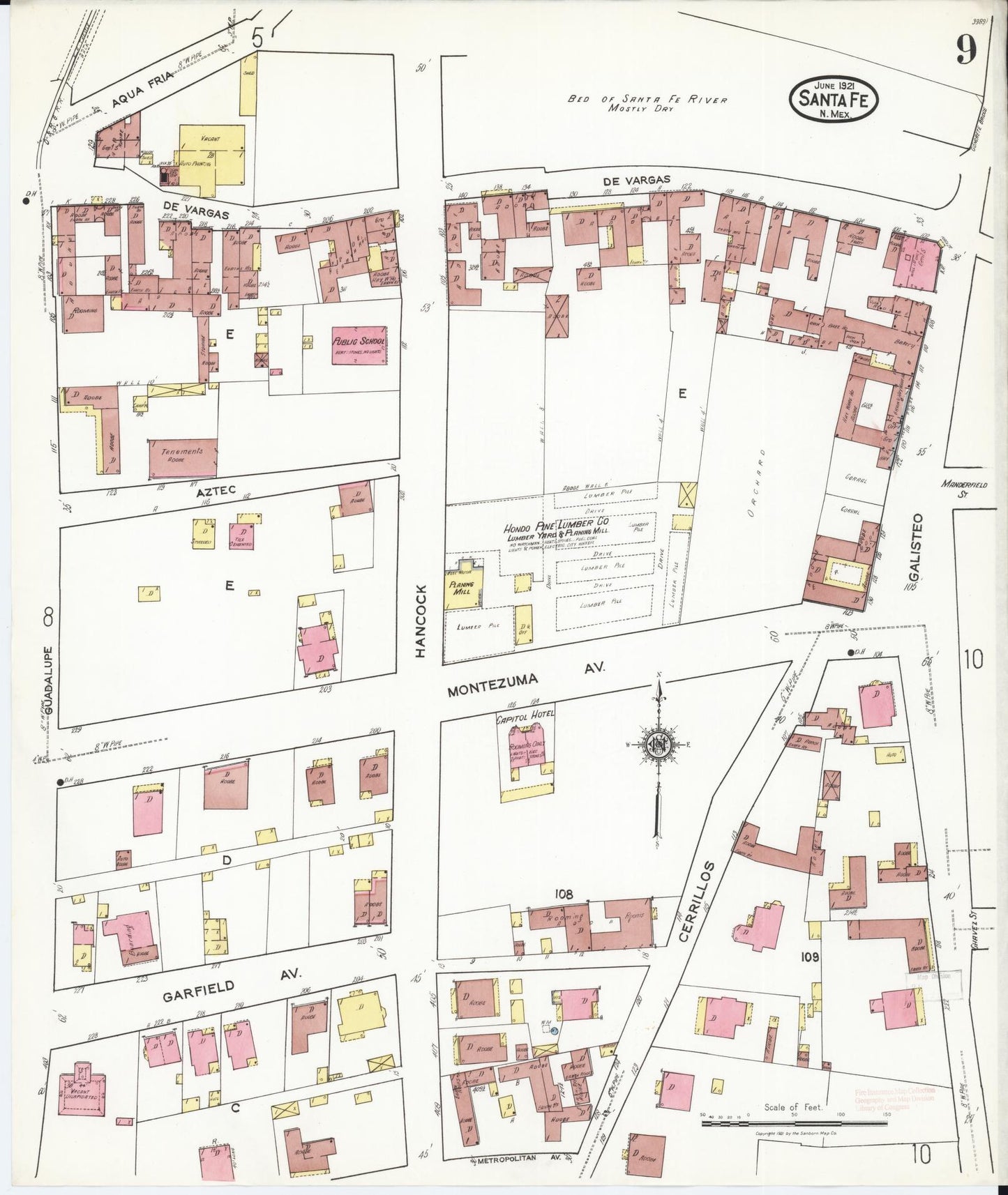 Sanborn Fire Insurance Map from Santa Fe, Santa Fe County, New Mexico (1921), Sheet #0009 - Historic Sanborn Fire Insurance Map Print, vintage old map wall art, antique decor, genealogy gift, New Mexico New Mexico map