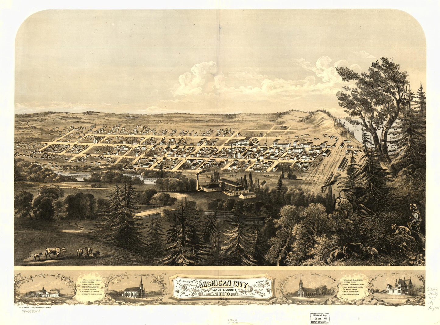 Bird's eye view of Michigan City, LaPorte County, Ind. 1869. (1869) – Historic Bird’s-Eye View Panorama Print