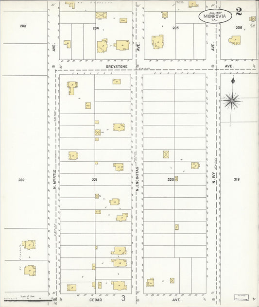 Sanborn Fire Insurance Map from Monrovia, Los Angeles County, California (1907), Sheet #0002 - Historic Sanborn Fire Insurance Map Print, vintage old map wall art, antique decor, genealogy gift, California California map