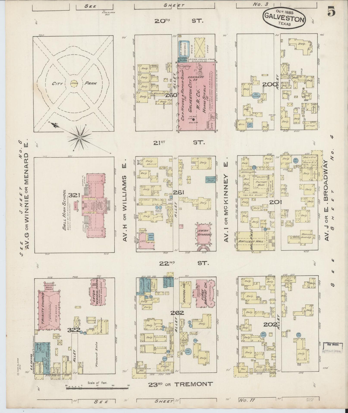Sanborn Fire Insurance Map from Galveston, Galveston County, Texas (1885), Sheet #0005 - Historic Sanborn Fire Insurance Map Print, vintage old map wall art, antique decor, genealogy gift, Texas Texas map