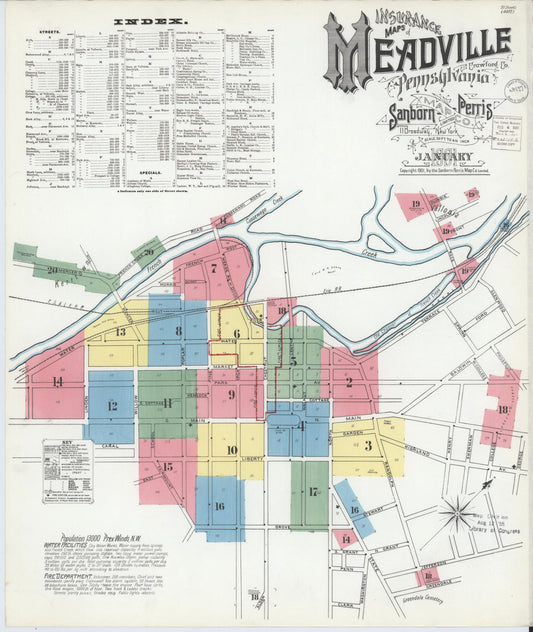 Sanborn Fire Insurance Map from Meadville, Crawford County, Pennsylvania (1901), Sheet #0001 - Historic Sanborn Fire Insurance Map Print, vintage old map wall art, antique decor, genealogy gift, Pennsylvania Pennsylvania map