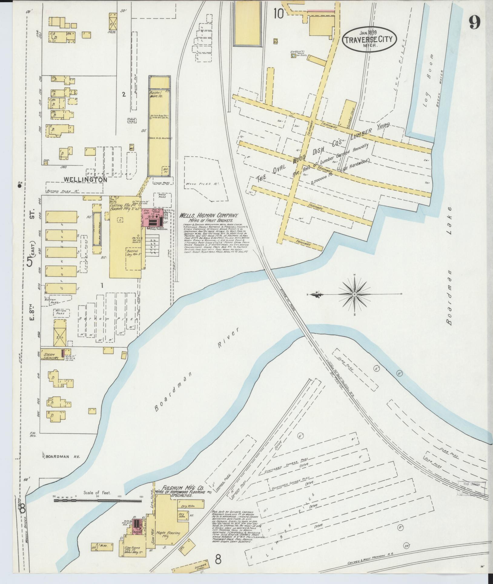 Sanborn Fire Insurance Map from Traverse City, Grand Traverse County, Michigan (1899), Sheet #0009 - Historic Sanborn Fire Insurance Map Print, vintage old map wall art, antique decor, genealogy gift, Michigan Michigan map