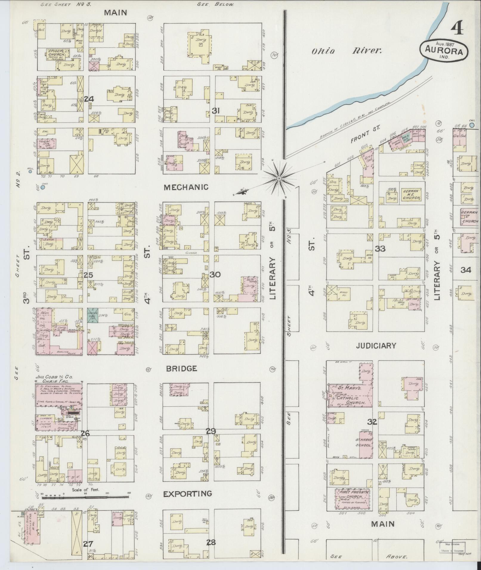 Sanborn Fire Insurance Map from Aurora, Dearborn County, Indiana (1887), Sheet #0004 - Historic Sanborn Fire Insurance Map Print, vintage old map wall art, antique decor, genealogy gift, Indiana Indiana map