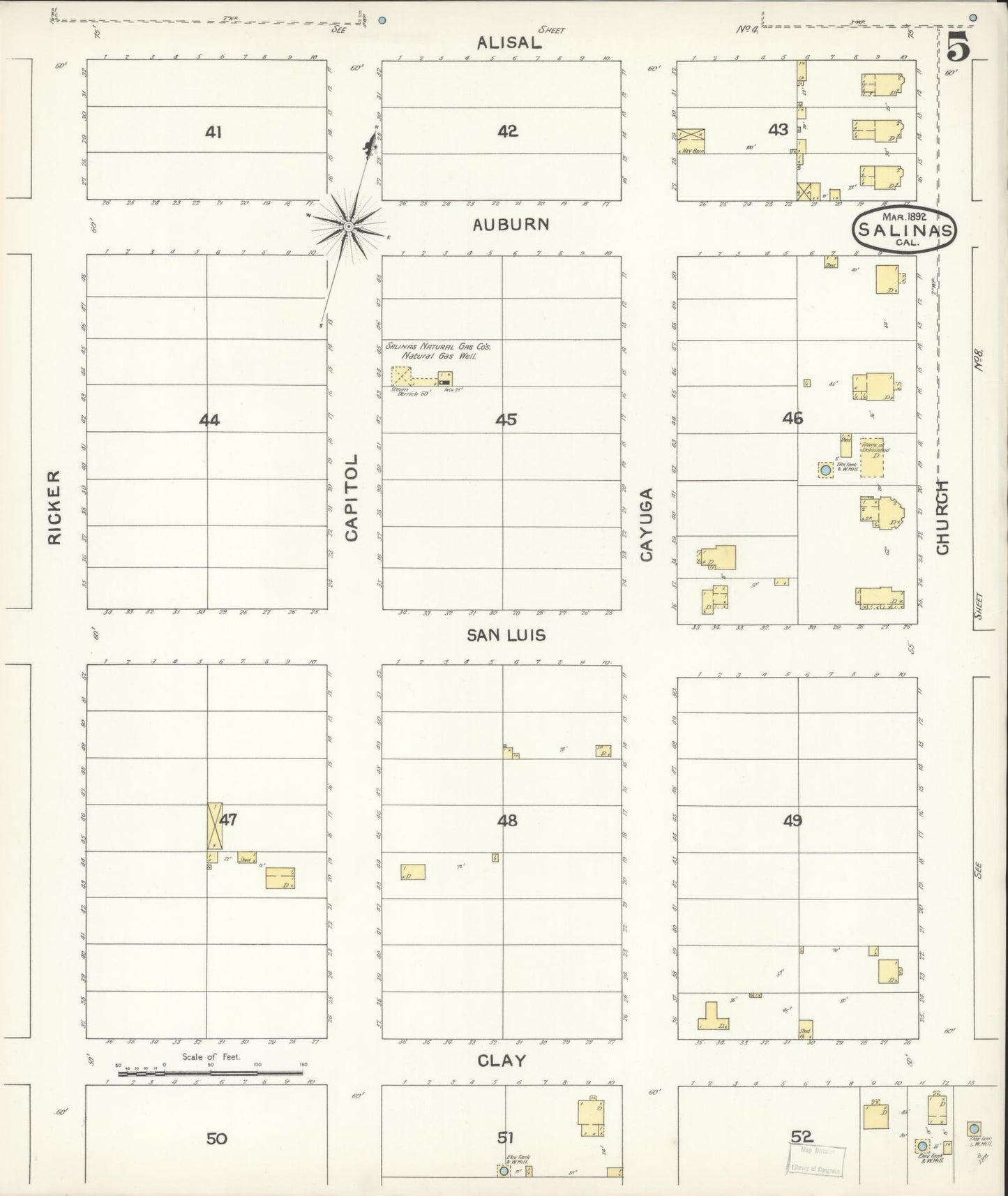 Sanborn Fire Insurance Map from Salinas, Monterey County, California (1892), Sheet #0005 - Complete Map Set gallery image, historic Sanborn map, vintage wall art, California California