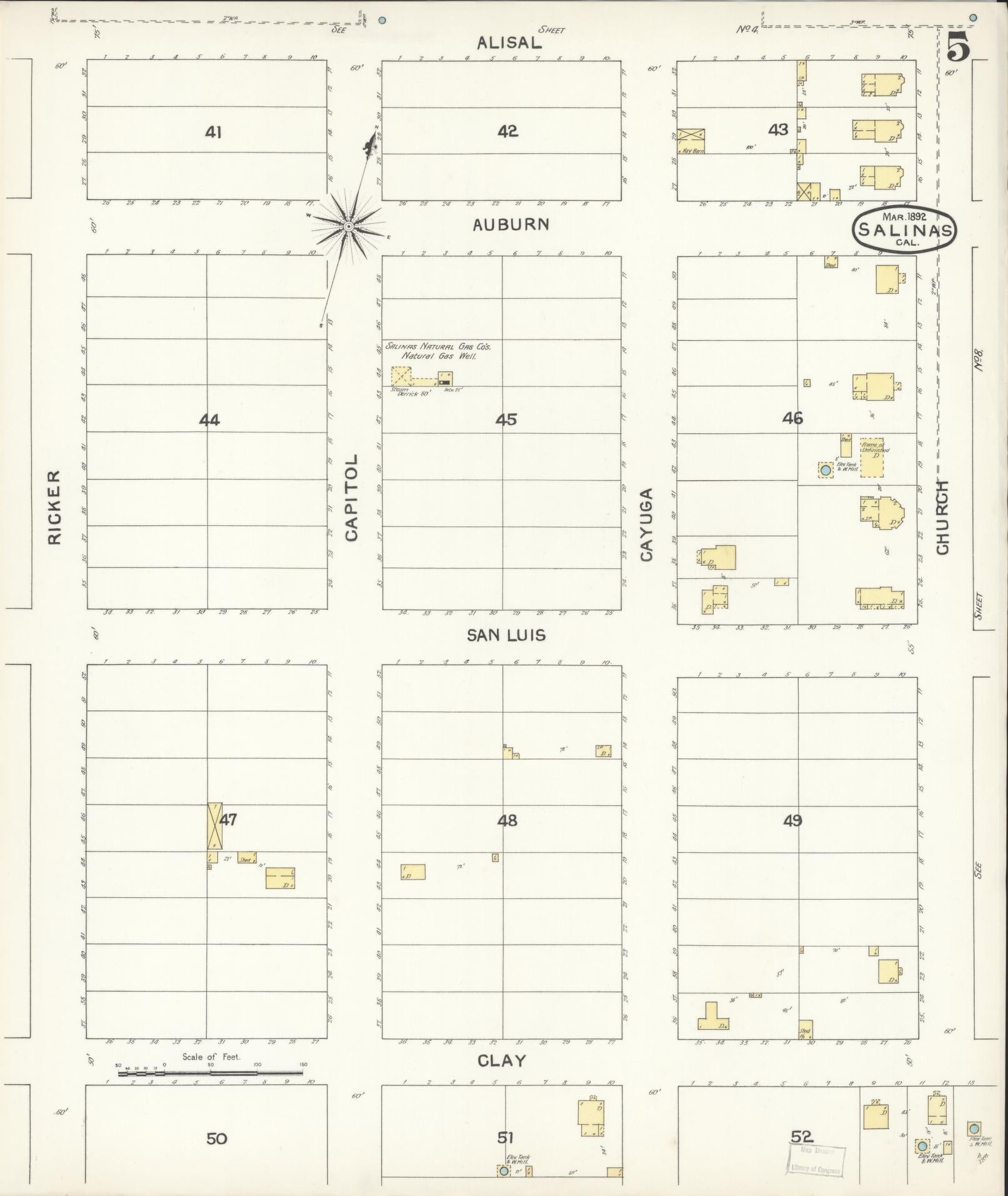 Sanborn Fire Insurance Map from Salinas, Monterey County, California (1892), Sheet #0005 - Complete Map Set gallery image, historic Sanborn map, vintage wall art, California California