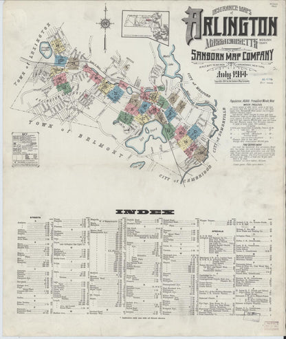 Sanborn Fire Insurance Map from Arlington, Middlesex County, Massachusetts (1914), Sheet #0001 - Historic Sanborn Fire Insurance Map Print, vintage old map wall art, antique decor, genealogy gift, Massachusetts Massachusetts map