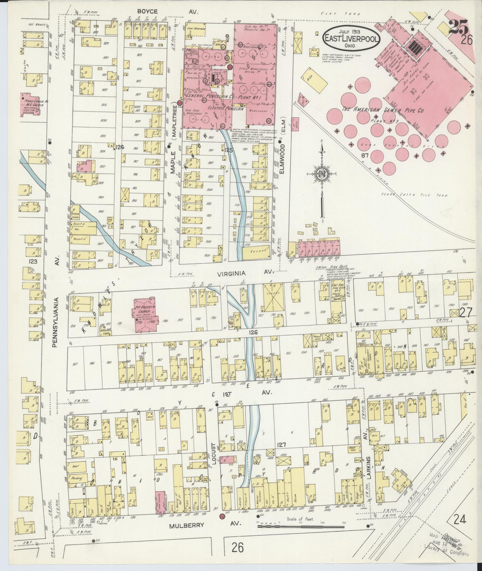 Sanborn Fire Insurance Map from East Liverpool, Columbiana County, Ohio (1913), Sheet #0025 - Historic Sanborn Fire Insurance Map Print, vintage old map wall art, antique decor, genealogy gift, Ohio Ohio map