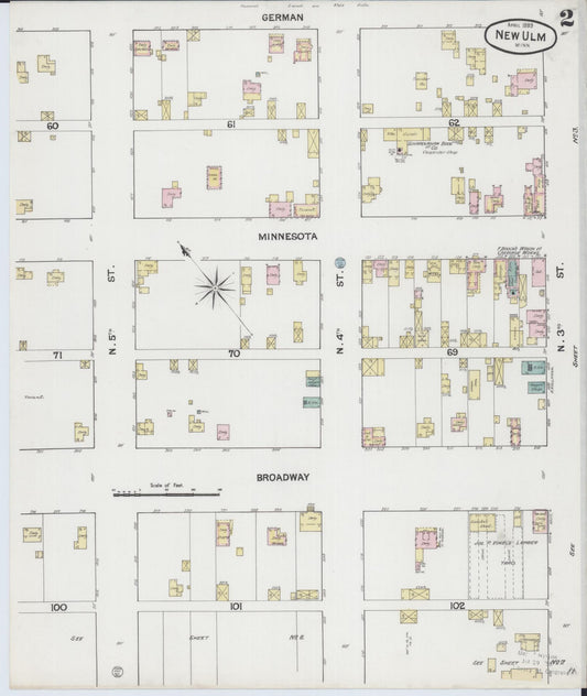 Sanborn Fire Insurance Map from New Ulm, Brown County, Minnesota (1889), Sheet #0002 - Historic Sanborn Fire Insurance Map Print, vintage old map wall art, antique decor, genealogy gift, Minnesota Minnesota map