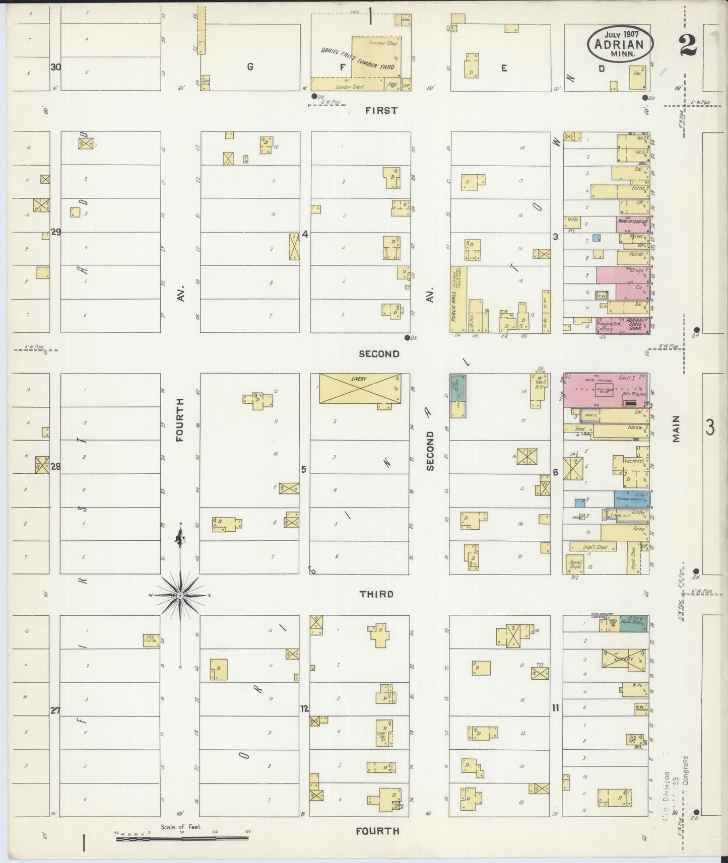 Sanborn Fire Insurance Map from Adrian, Nobles County, Minnesota (1907), Sheet #0002 - Historic Sanborn Fire Insurance Map Print, vintage old map wall art, antique decor, genealogy gift, Minnesota Minnesota map