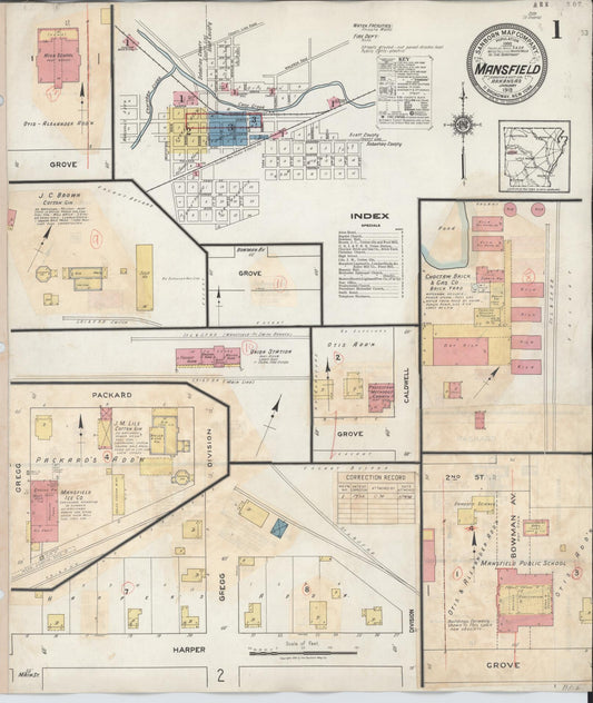 Sanborn Fire Insurance Map from Mansfield, Sebastian And Scott Counties, Arkansas (1932), Sheet #0001 - Historic Sanborn Fire Insurance Map Print, vintage old map wall art, antique decor, genealogy gift, Arkansas Arkansas map