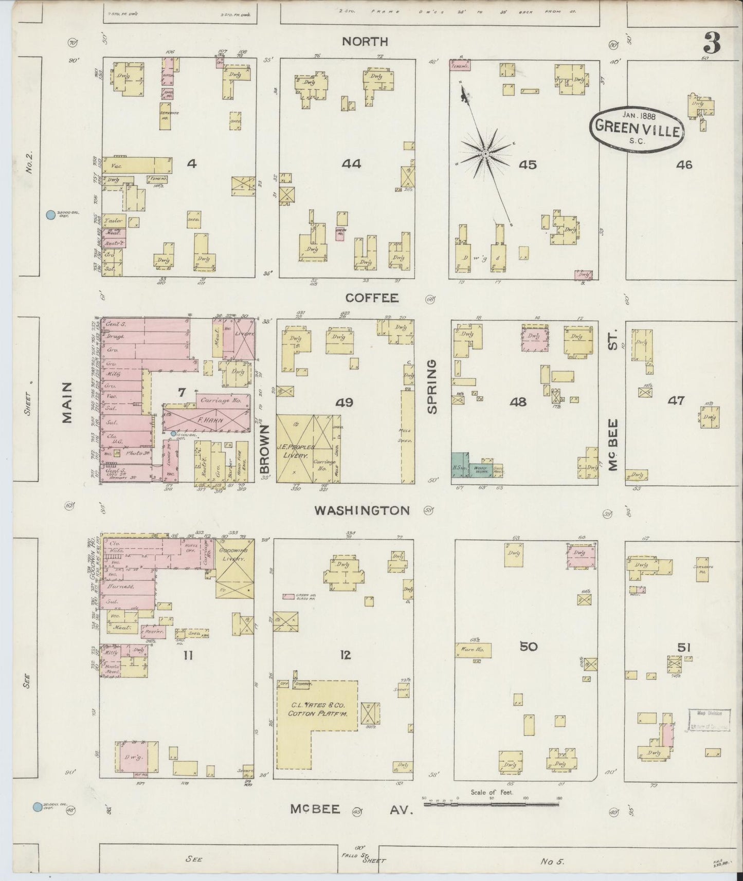 Sanborn Fire Insurance Map from Greenville, Greenville County, South Carolina (1888), Sheet #0003 - Complete Map Set gallery image, historic Sanborn map, vintage wall art, South Carolina South Carolina