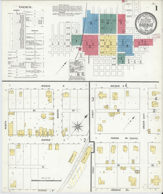 Sanborn Fire Insurance Map from Rosebud, Falls County, Texas (1909), Sheet #0001 - Complete Map Set gallery image, historic Sanborn map, vintage wall art, Texas Texas