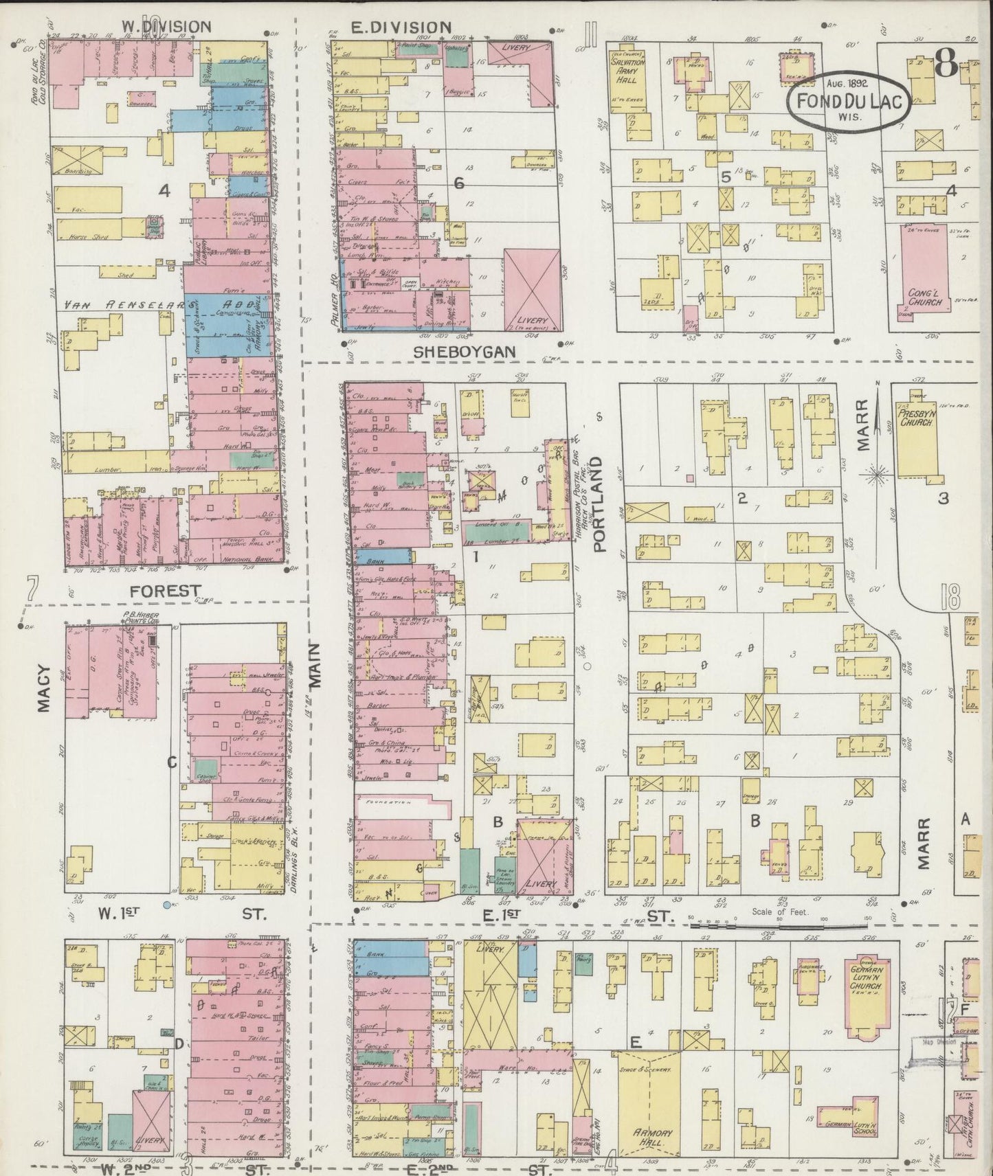 Sanborn Fire Insurance Map from Fond du Lac, Fond du Lac County, Wisconsin (1892), Sheet #0008 - Historic Sanborn Fire Insurance Map Print, vintage old map wall art, antique decor, genealogy gift, Wisconsin Wisconsin map
