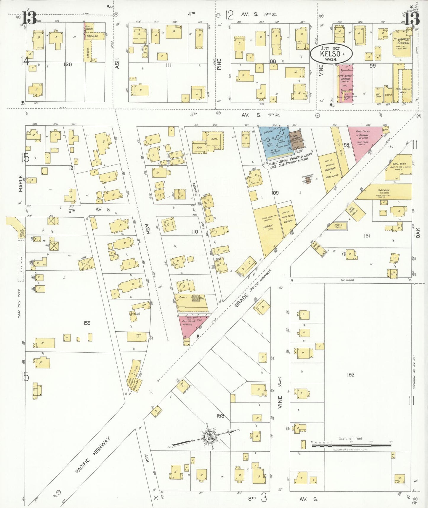 Sanborn Fire Insurance Map from Kelso, Cowlitz County, Washington (1927), Sheet #0013 - Historic Sanborn Fire Insurance Map Print, vintage old map wall art, antique decor, genealogy gift, Washington Washington map