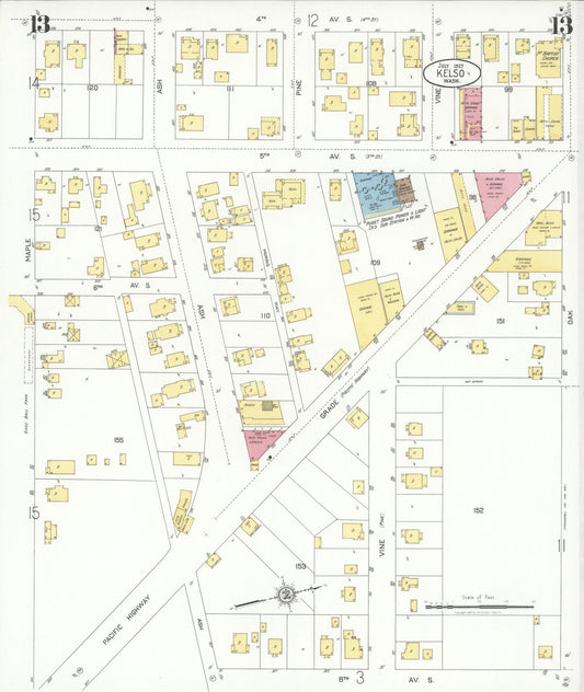 Sanborn Fire Insurance Map from Kelso, Cowlitz County, Washington (1927), Sheet #0013 - Historic Sanborn Fire Insurance Map Print, vintage old map wall art, antique decor, genealogy gift, Washington Washington map