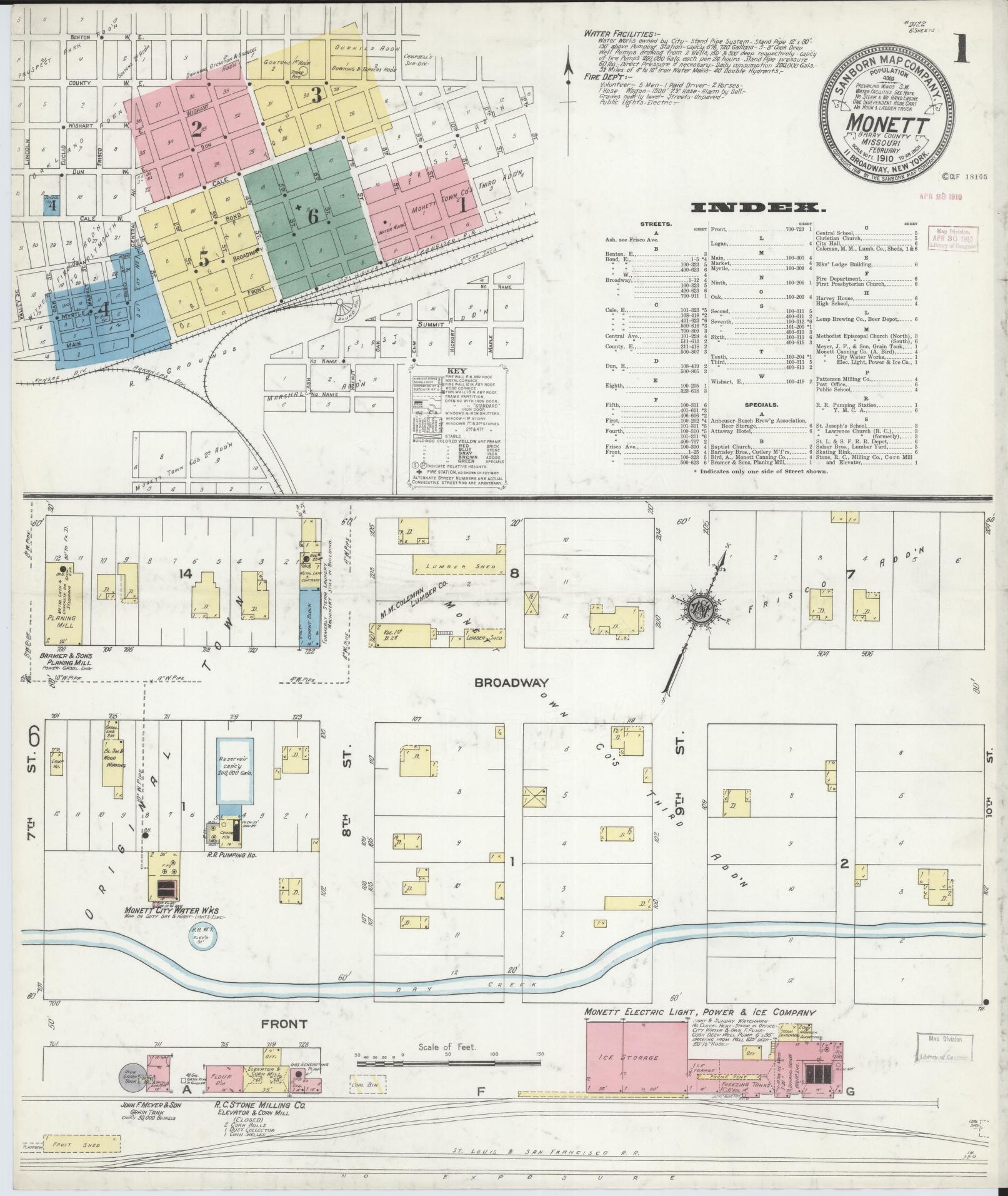 Sanborn Fire Insurance Map from Monett, Barry County, Missouri (1910), Sheet #0001 - Complete Map Set gallery image, historic Sanborn map, vintage wall art, Missouri Missouri