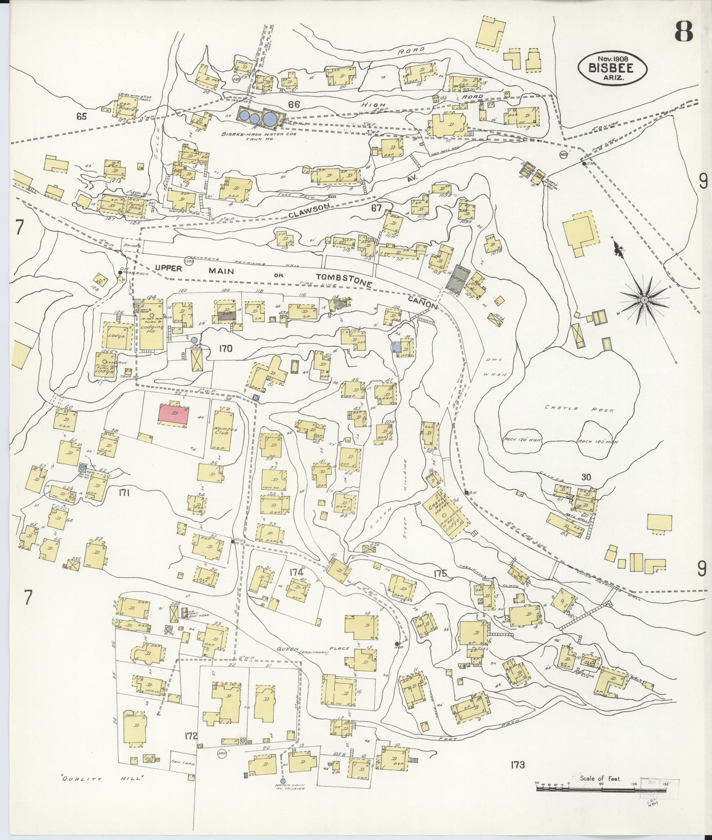 Sanborn Fire Insurance Map from Bisbee, Cochise County, Arizona (1908), Sheet #0008 - Complete Map Set gallery image, historic Sanborn map, vintage wall art, Arizona Arizona