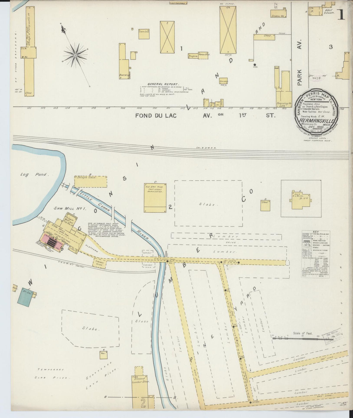 Sanborn Fire Insurance Map from Hermansville, Menominee County, Michigan (1893), Sheet #0001 - Historic Sanborn Fire Insurance Map Print, vintage old map wall art, antique decor, genealogy gift, Michigan Michigan map
