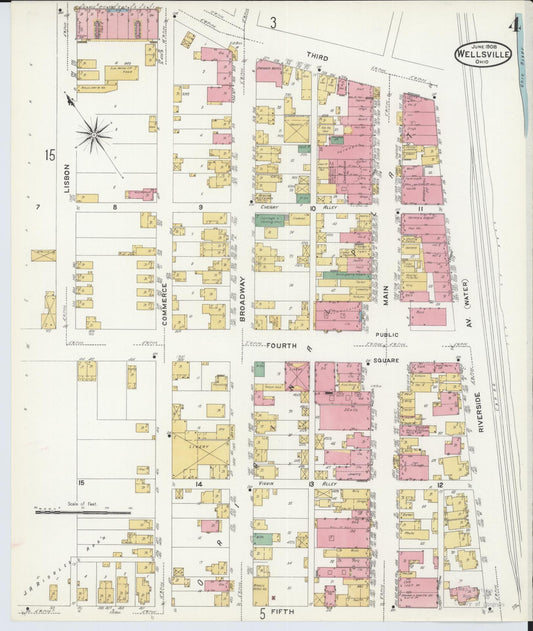 Sanborn Fire Insurance Map from Wellsville, Columbiana County, Ohio (1908), Sheet #0004 - Historic Sanborn Fire Insurance Map Print, vintage old map wall art, antique decor, genealogy gift, Ohio Ohio map