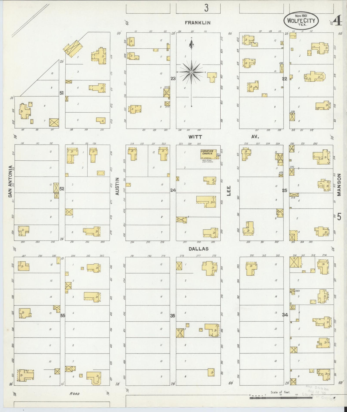 Sanborn Fire Insurance Map from Wolfe City, Hunt County, Texas (1901), Sheet #0004 - Complete Map Set gallery image, historic Sanborn map, vintage wall art, Texas Texas