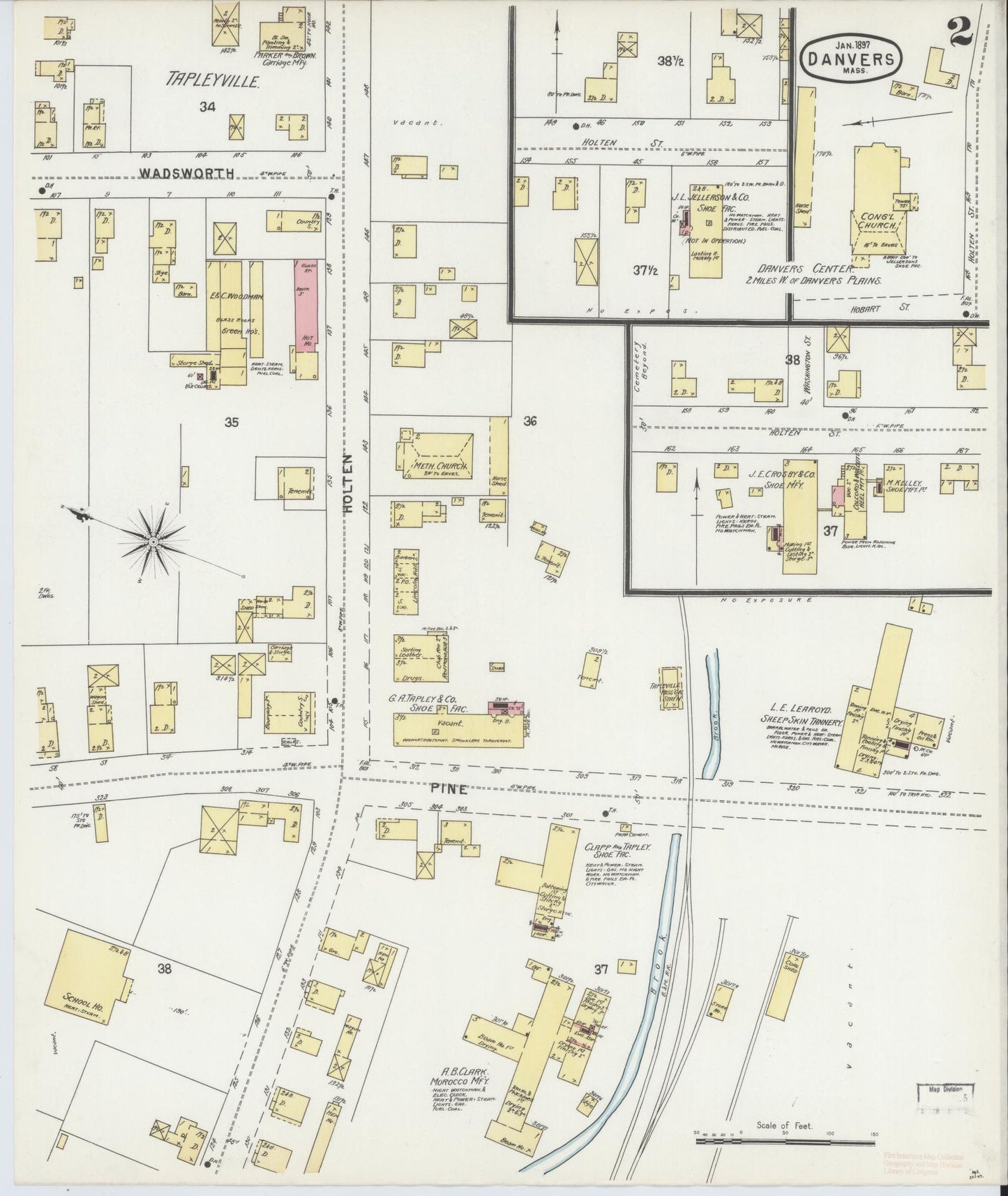 Sanborn Fire Insurance Map from Danvers, Essex County, Massachusetts (1897), Sheet #0002 - Historic Sanborn Fire Insurance Map Print, vintage old map wall art, antique decor, genealogy gift, Massachusetts Massachusetts map