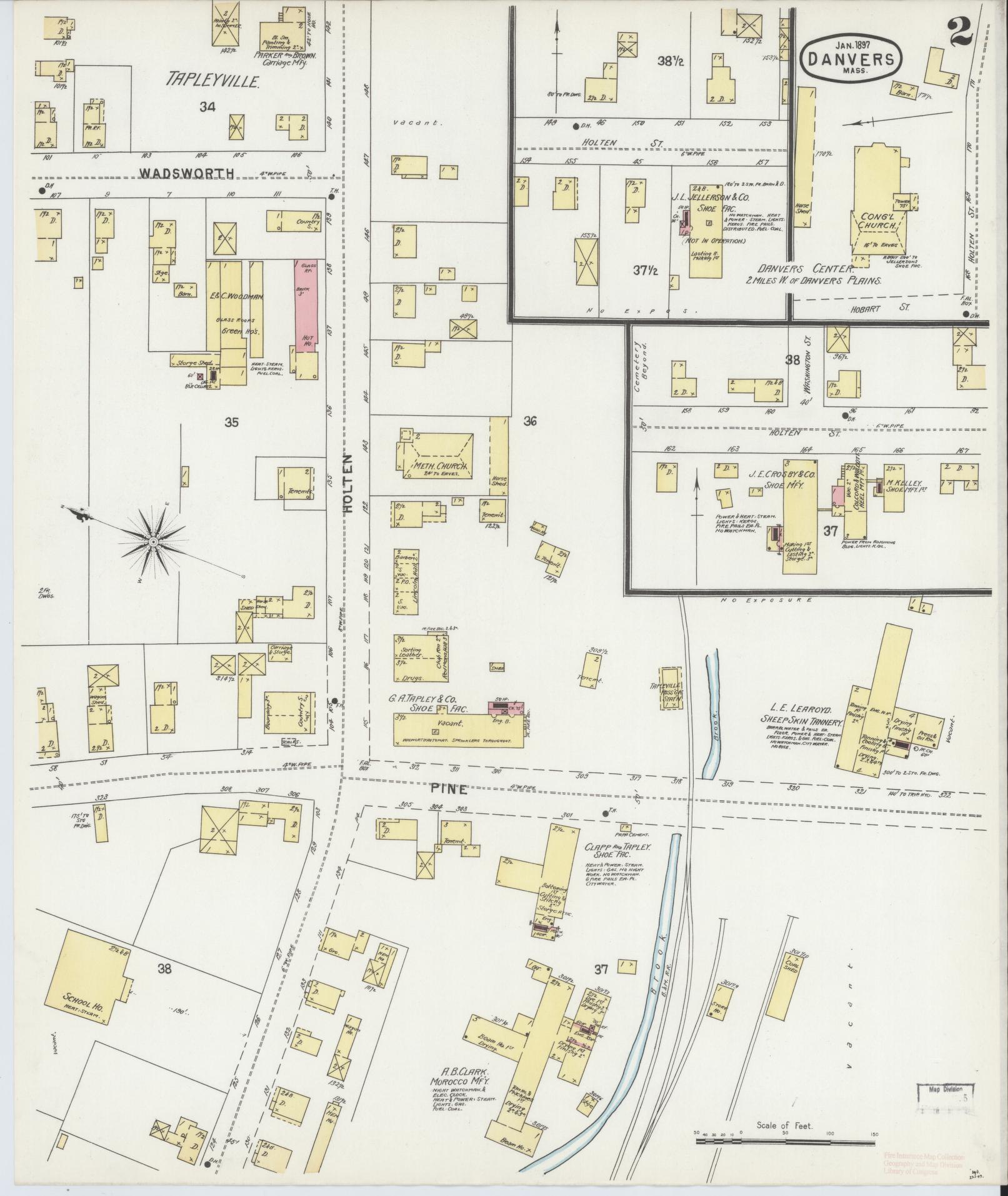 Sanborn Fire Insurance Map from Danvers, Essex County, Massachusetts (1897), Sheet #0002 - Historic Sanborn Fire Insurance Map Print, vintage old map wall art, antique decor, genealogy gift, Massachusetts Massachusetts map