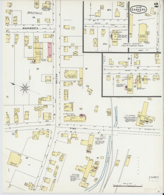 Sanborn Fire Insurance Map from Danvers, Essex County, Massachusetts (1897), Sheet #0002 - Historic Sanborn Fire Insurance Map Print, vintage old map wall art, antique decor, genealogy gift, Massachusetts Massachusetts map
