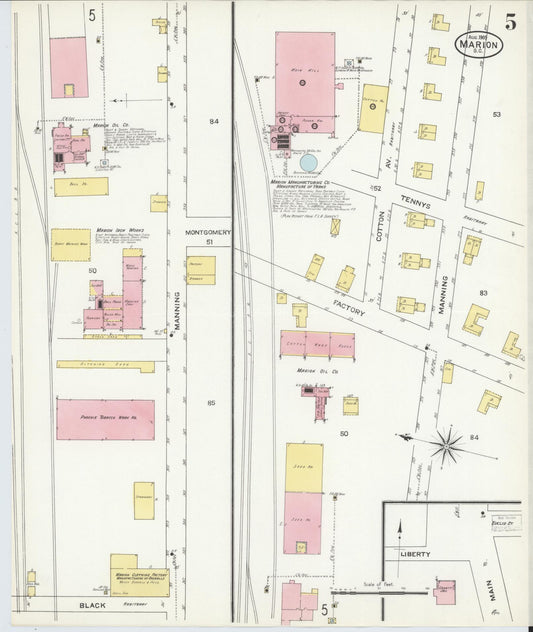 Sanborn Fire Insurance Map from Marion, Marion County, South Carolina (1909), Sheet #0005 - Historic Sanborn Fire Insurance Map Print, vintage old map wall art, antique decor, genealogy gift, South Carolina South Carolina map