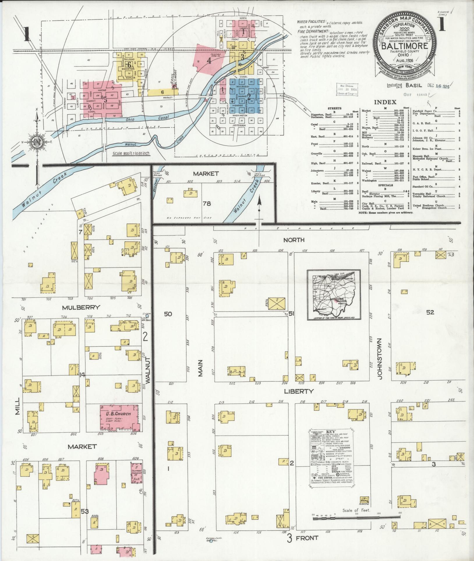 Sanborn Fire Insurance Map from Baltimore, Fairfield County, Ohio (1926), Sheet #0001 - Historic Sanborn Fire Insurance Map Print, vintage old map wall art, antique decor, genealogy gift, Ohio Ohio map